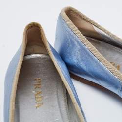 Pre Owned Prada Metallic Blue Leather Bow Ballet Flats Size 39.5