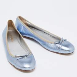Pre Owned Prada Metallic Blue Leather Bow Ballet Flats Size 39.5