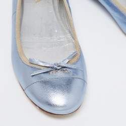 Pre Owned Prada Metallic Blue Leather Bow Ballet Flats Size 39.5