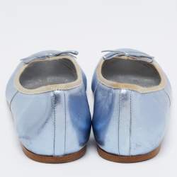 Pre Owned Prada Metallic Blue Leather Bow Ballet Flats Size 39.5