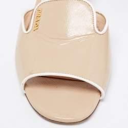 Pre Owned Prada Beige Saffiano Vernice Leather Block Heel Slide Sandals Size 38.5