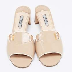 Pre Owned Prada Beige Saffiano Vernice Leather Block Heel Slide Sandals Size 38.5