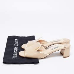 Pre Owned Prada Beige Saffiano Vernice Leather Block Heel Slide Sandals Size 38.5