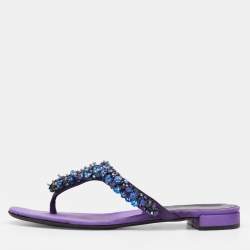 Pre Owned Prada Purple Satin Crystal Embellished Thong Flats Size 40.5