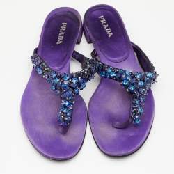Pre Owned Prada Purple Satin Crystal Embellished Thong Flats Size 40.5