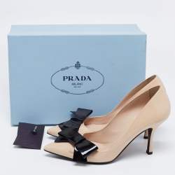 Pre Owned Prada Beige/Black Patent Leather Bow Pointed Toe Pumps Size 39