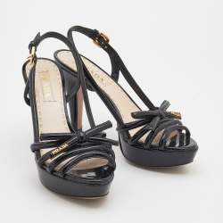 Pre Owned Prada Black Patent Leather Bow Platform Sandals Size 39