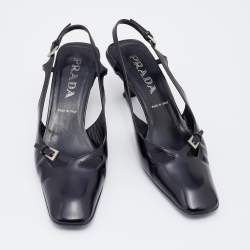 Prada Black Leather Square Toe Slingback Sandals Size 37.5