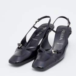 Prada Black Leather Square Toe Slingback Sandals Size 37.5