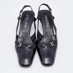 Prada Black Leather Square Toe Slingback Sandals Size 37.5