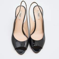 Pre Owned Prada Black Patent Leather Peep Toe Slingback Sandals Size 39