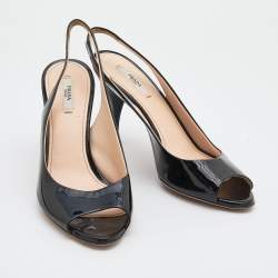 Pre Owned Prada Black Patent Leather Peep Toe Slingback Sandals Size 39