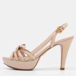 Pre Owned Prada Beige Patent Leather Bow Slingback Platform Sandals Size 39