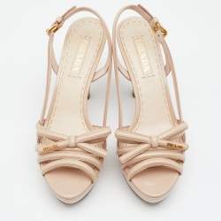 Pre Owned Prada Beige Patent Leather Bow Slingback Platform Sandals Size 39