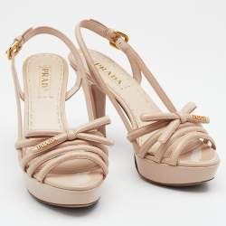 Pre Owned Prada Beige Patent Leather Bow Slingback Platform Sandals Size 39