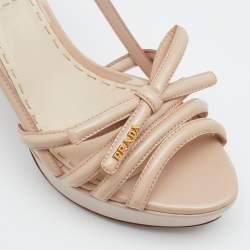 Pre Owned Prada Beige Patent Leather Bow Slingback Platform Sandals Size 39