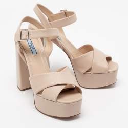 Pre Owned Prada Beige Leather Criss Cross Platform Sandals Size 39