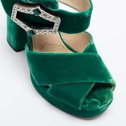 Pre Owned Prada Green Velvet Cross Strap Platform Ankle-Strap Sandals Size 38
