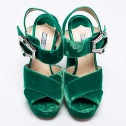 Pre Owned Prada Green Velvet Cross Strap Platform Ankle-Strap Sandals Size 38