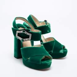 Pre Owned Prada Green Velvet Cross Strap Platform Ankle-Strap Sandals Size 38