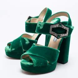 Pre Owned Prada Green Velvet Cross Strap Platform Ankle-Strap Sandals Size 38