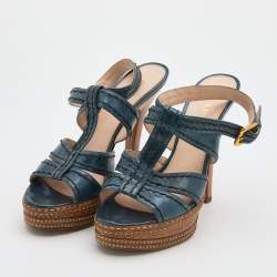 Pre Owned Prada Blue Leather Platform Strappy Sandals Size 39