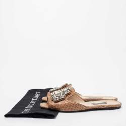 Pre Owned Prada Brown Croc Embossed Leather Crystal Embellished Flat Slides Size 38