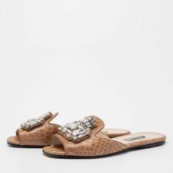 Pre Owned Prada Brown Croc Embossed Leather Crystal Embellished Flat Slides Size 38