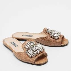 Pre Owned Prada Brown Croc Embossed Leather Crystal Embellished Flat Slides Size 38
