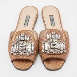 Pre Owned Prada Brown Croc Embossed Leather Crystal Embellished Flat Slides Size 38
