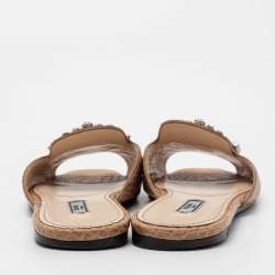 Pre Owned Prada Brown Croc Embossed Leather Crystal Embellished Flat Slides Size 38
