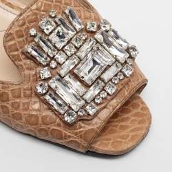 Pre Owned Prada Brown Croc Embossed Leather Crystal Embellished Flat Slides Size 38