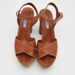 Pre Owned Prada Brown Leather Crisscross Ankle Strap Block Heel Platform Sandals Size 39.5