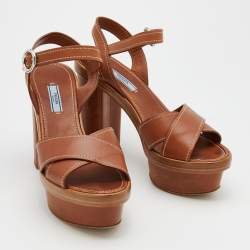 Pre Owned Prada Brown Leather Crisscross Ankle Strap Block Heel Platform Sandals Size 39.5