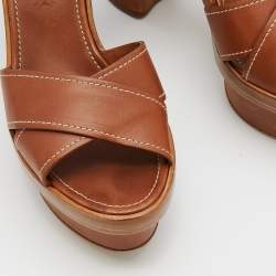 Pre Owned Prada Brown Leather Crisscross Ankle Strap Block Heel Platform Sandals Size 39.5
