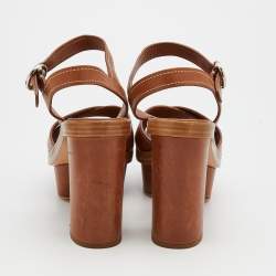 Pre Owned Prada Brown Leather Crisscross Ankle Strap Block Heel Platform Sandals Size 39.5