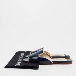 Pre Owned Prada Navy Blue Patent Saffiano Leather Flat Slides Size 36