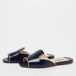 Pre Owned Prada Navy Blue Patent Saffiano Leather Flat Slides Size 36