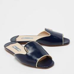Pre Owned Prada Navy Blue Patent Saffiano Leather Flat Slides Size 36