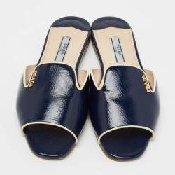 Pre Owned Prada Navy Blue Patent Saffiano Leather Flat Slides Size 36