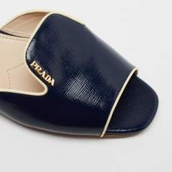 Pre Owned Prada Navy Blue Patent Saffiano Leather Flat Slides Size 36