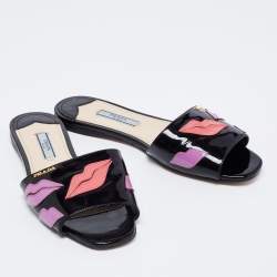 Pre Owned Prada Black Patent Leather Logo Embellished Flats Size 36