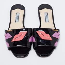 Pre Owned Prada Black Patent Leather Logo Embellished Flats Size 36