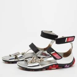 Prada Silver Patent Leather Flower Embellished Ankle Strap Sandals Size 38.5