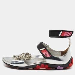 Prada Silver Patent Leather Flower Embellished Ankle Strap Sandals Size 38.5