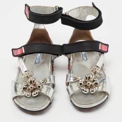 Prada Silver Patent Leather Flower Embellished Ankle Strap Sandals Size 38.5