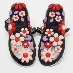 Prada Silver Patent Leather Flower Embellished Ankle Strap Sandals Size 38.5