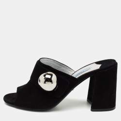 Prada Black Suede  Block Heel Mule Sandals Size 37.5