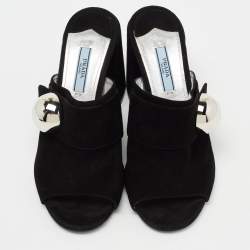 Prada Black Suede  Block Heel Mule Sandals Size 37.5