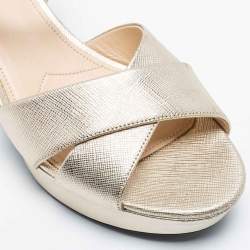 Pre Owned Prada Metallic Gold Saffiano Leather Criss Cross Platform Ankle Strap Sandals Size 38